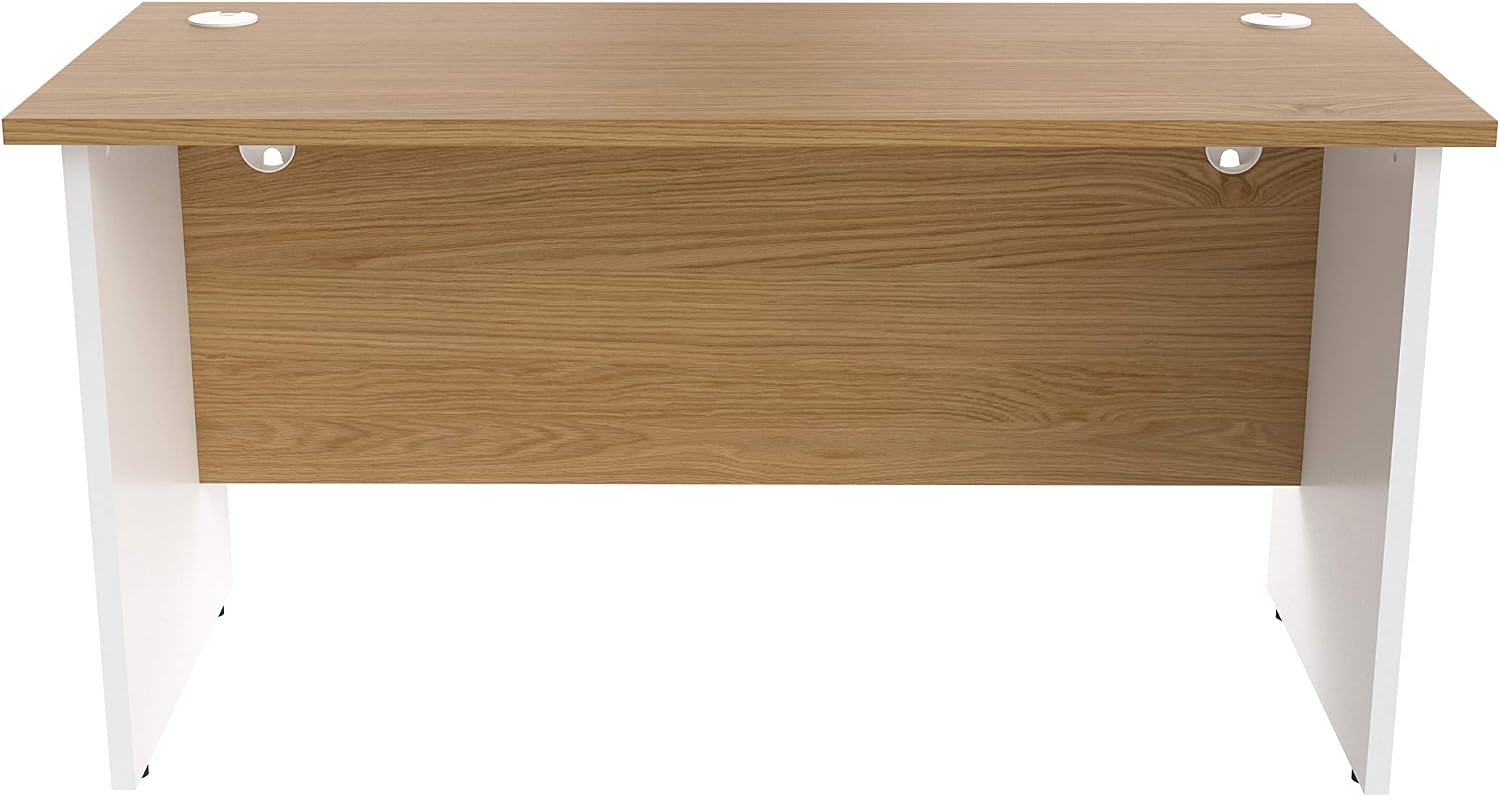 Office Hippo Heavy Duty Rectangular Office Desk with Panel Ends, 140 x 60 x 73 cm, White Legs, Oak Top, 140 cm wide - Image 3