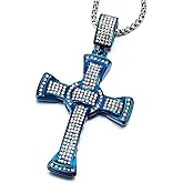 COOLSTEELANDBEYOND Mens Women Large Steel Blue Cross Pendant Necklace with Cubic Zirconia and 30 inches Wheat Chain