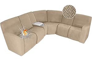 ALIECOM 100% Waterproof Recliner Sectional Couch Covers L Shape Stretch Corner Reclining Sectional Sofa Cover Washable Recliner Slipcover Protector for Dog Pet (5 Seat and 1 Console, Natural)