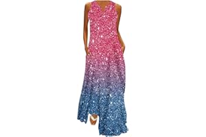Attine Summer Maxi Dresses for Women Plus Size Boho Floral Dress V Neck Sleeveless Long Dress Casual Holiday Sundress Pockets