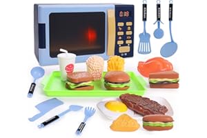 Cuterabit Kids Microwave Toy with Light and Sound, Realistic Toy Kitchen Appliances, Play Kitchen Accessories and Play Food for Toddlers 3 Year Old Up Girls Boys, Blue