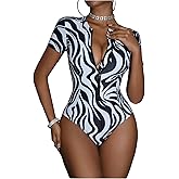 Floerns Women's One Piece Swimsuit Zebra Striped Short Sleeve Zip Front Vacation Bathing Suit