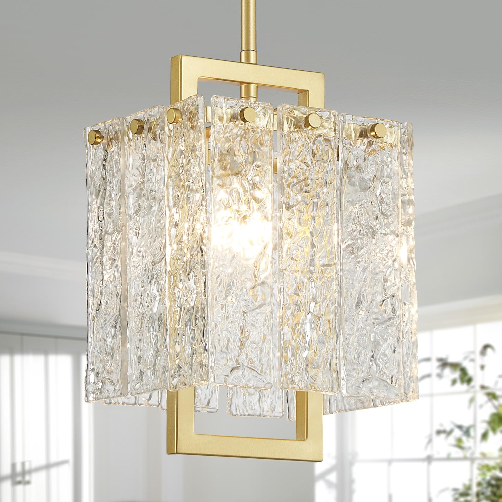 Photo 1 of Shrine Lighting Gold Chandeliers, Modern Glass Pendnat Light for Dining Room, D6.3''×H19.5'', Adjustable 50.8'', 1 x E12 Sockets, Glass LampShade & Gold Finish Frame