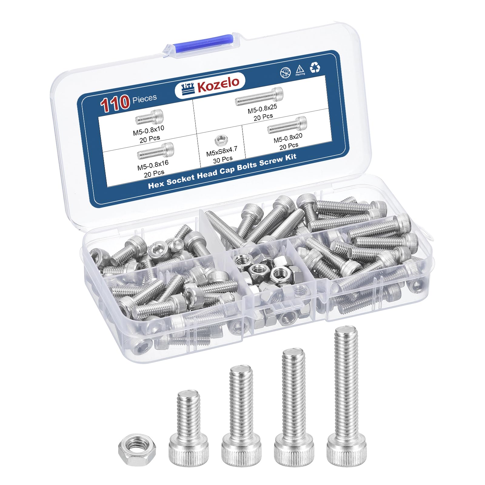 Kozelo 110pcs M2 Socket Head Cap Screws Bolts Nuts Assortment Kit - [M5x10/16/20/25mm] 304 Stainless Steel Allen Socket Drive for 3D Printer