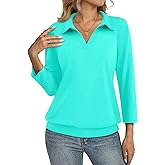 TICTICMISS Womens Polo Shirts 3/4 Sleeve Banded Bottom Tops Business Casual Tops Collared V Neck Blouses