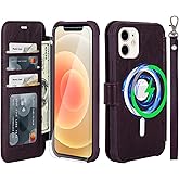 VANAVAGY Compatible for iPhone 12/12 Pro Wallet Case for Magsafe Wireless Charging, PU Leather Folio Flip Phone Cover with Wrist Strap RFID Blocking Card Holder Screen Protector, Dark Purple