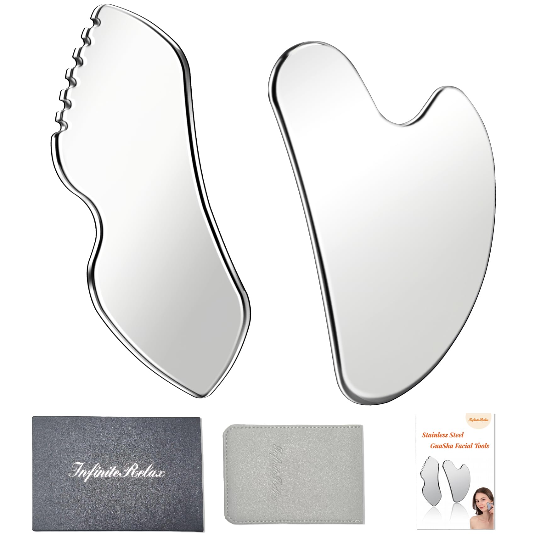 InfiniteRelax 2Pcs Stainless Steel Gua Sha Facial Tools Set, Metal Face Comb Detail Skin Care Tools, Body and Face Gua Sha Sculpting for Tighten Skin Lymphatic Drainage