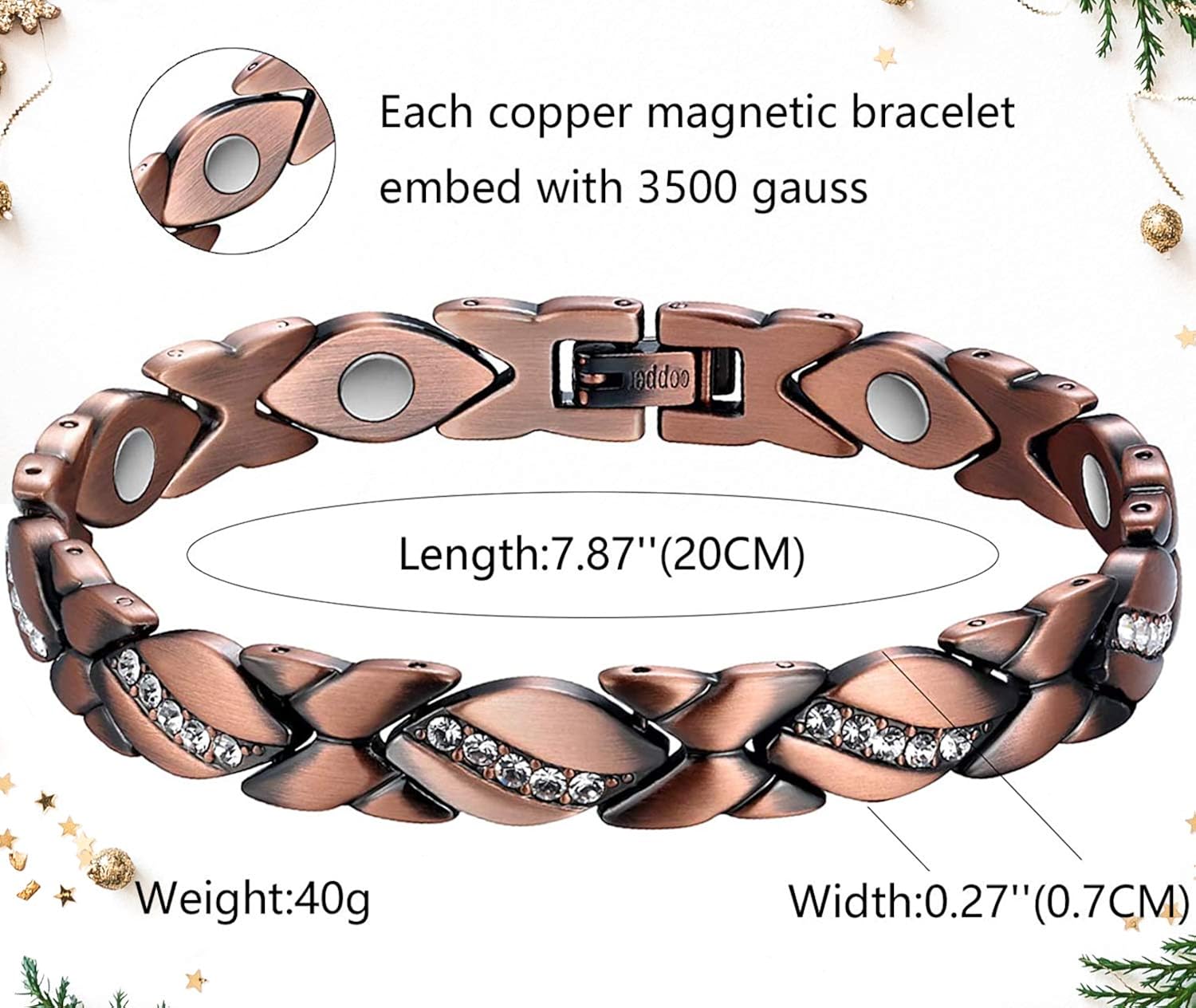 Jecanori Copper Bracelet for Women Magnetic Therapy Bracelets Pain Relief For Arthritis and Carpal Tunnel Syndrome with 3500 Gauss Magnets,7.8 Inch Adjustable Crystal Bracelets: Clothing