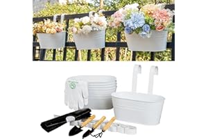 pansparade 5 Pack Metal Hanging Flower Pots for Railing Fence，Outdoor Balcony Rail Planter with Garden Tools Detachable Hooks Drainage Holes for Deck Garden Home Decor White