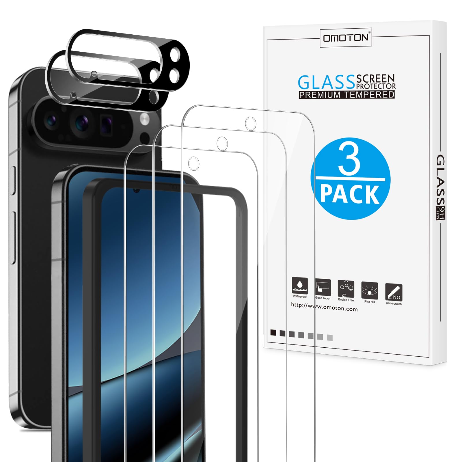 Photo 1 of OMOTON 3+2 Pack for Google Pixel 10 Pro XL Screen Protector 6.8 Inch 2025, 3 Tempered Glass Film and 2 Camera Lens Protector, Bubble-free, Easy Installation, Not for Pixel 10 Pro/ 10