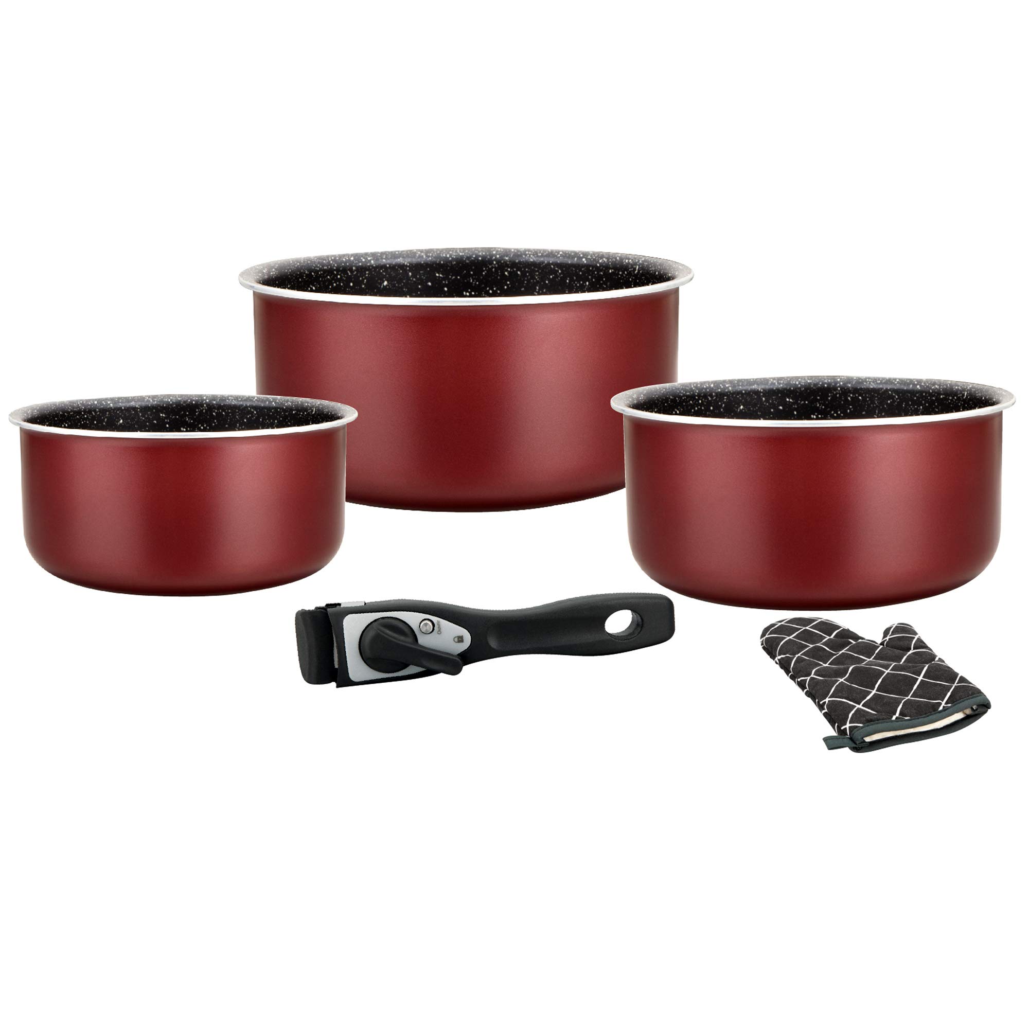 Cookware – Induction Saucepan Set – Saucepan and Frying Pan Set for All Heat Sources – 5 Piece"Special Cooking" Set with Marble Coated Saucepans and Removable Handle – Burgundy
