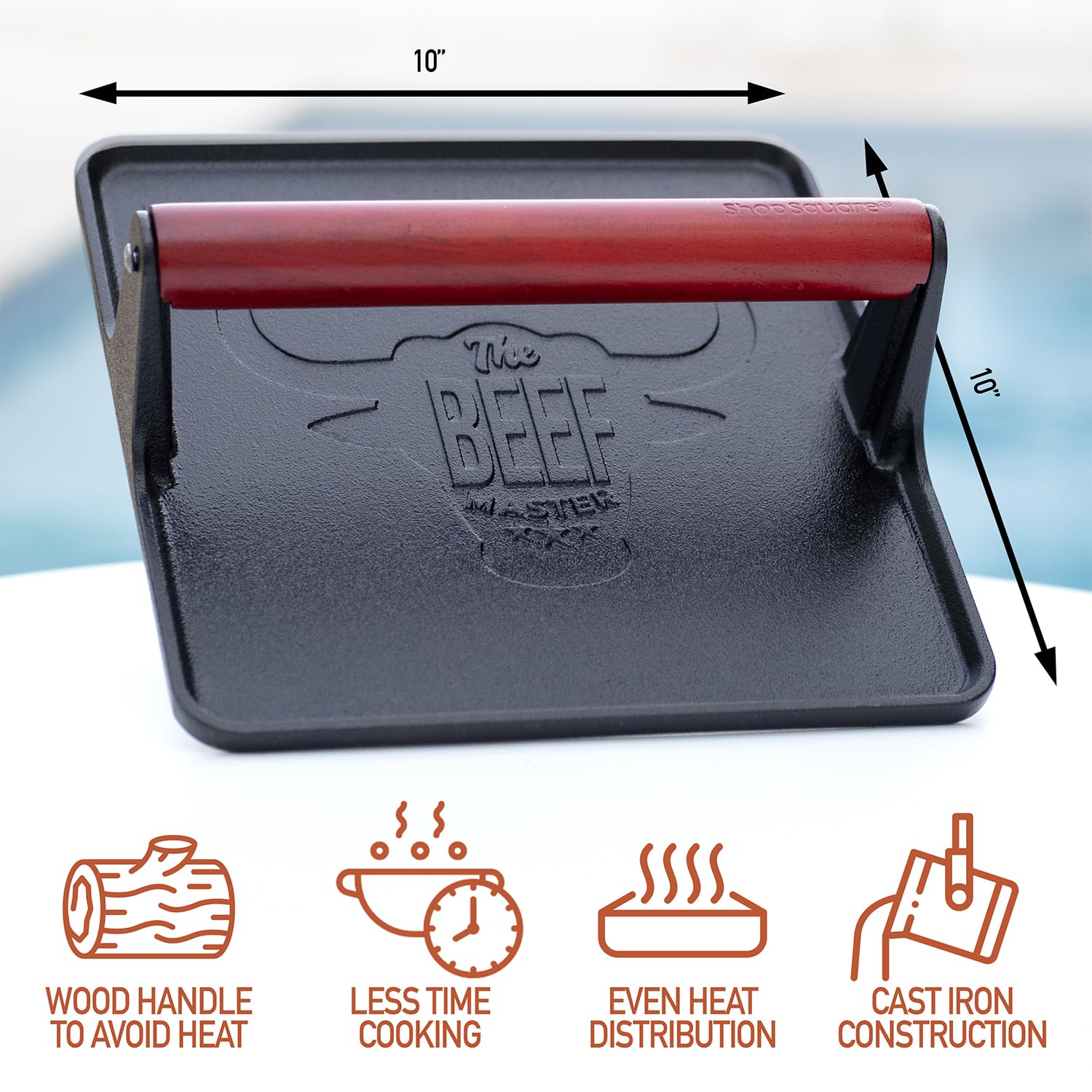 The Beef Master Cast Iron Grill Press - XL Burger Press, Pre-Seasoned Griddle Press, Heavy Duty Meat Press for Bacon, Burgers, and Steak with Cool Touch Handle - 10”x10”x4”