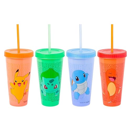 Silver Buffalo Pokémon Boxed 4 pack Color Change Plastic Tumbler Featuring Pikachu, Charmander, Bulbasaur, and Squirtle, 24 Ounces