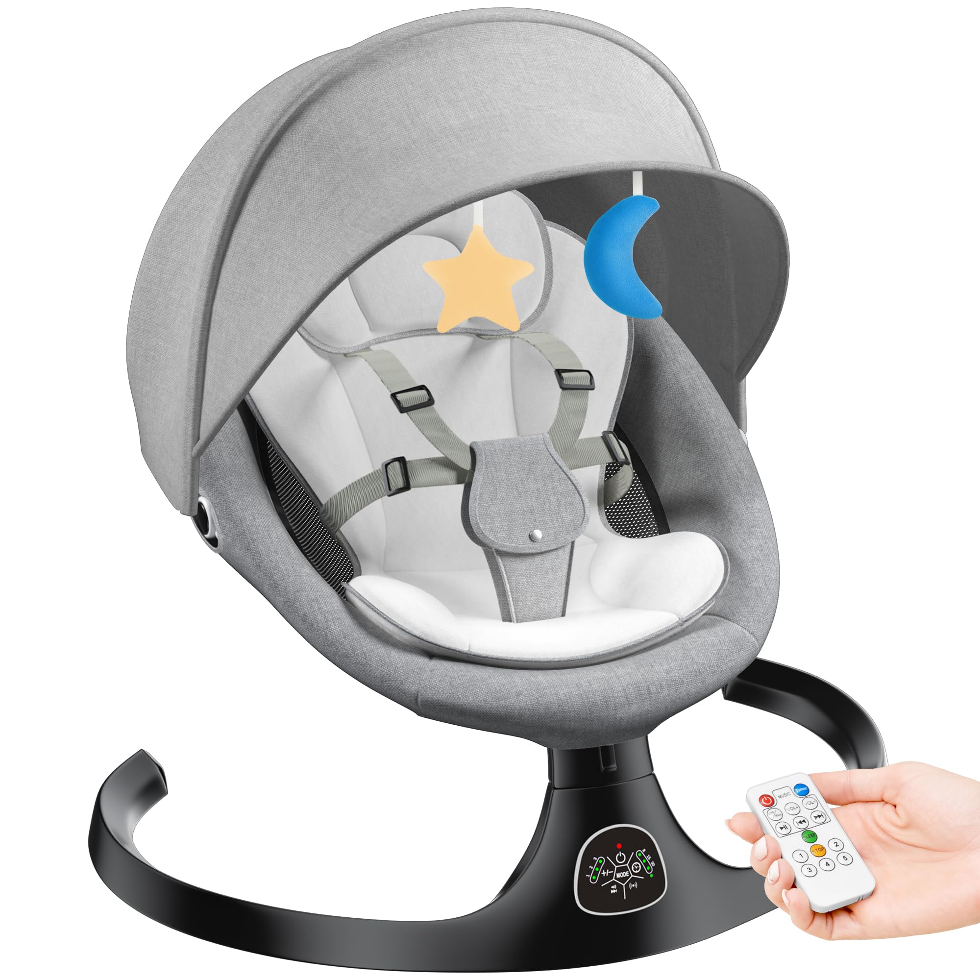 Photo 1 of kmaier Electric Baby Swing for Infants, Baby Rocker for Infants with 5 Speeds, 10 Lullabies, Adapter & Battery Operated, Indoor & Outdoor Use, Remote Control, Gray
