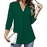 Heat Move Women's 3/4 Sleeve Length Tops Collared V Neck Shirt Dressy Casual Business Blouses for Work Professional