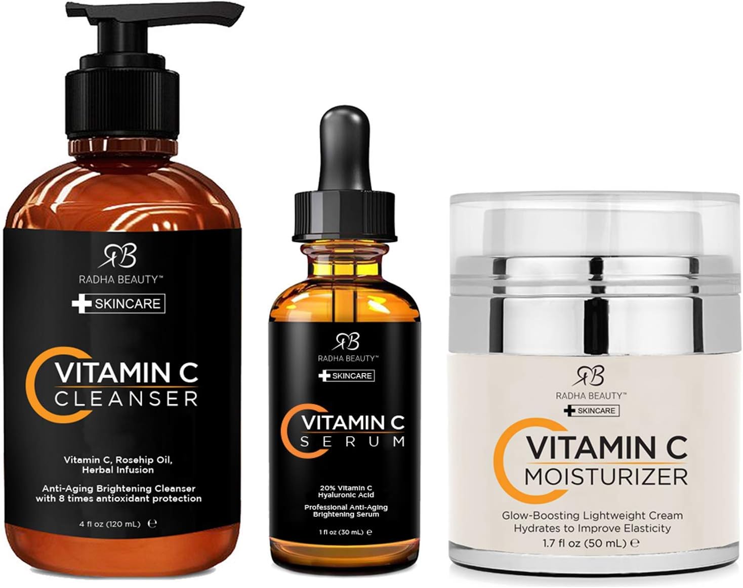 Radha Beauty Vitamin C Complete Facial Care Kit - 3-in-1 Anti-Aging Set with Cleanser, Serum, and Moisturizer for Wrinkles, Dark Spots, and Acne. Day & Night Brightening Skincare Gift Set