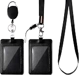NiceLand 2-Sided PU Leather ID Badge Holder with Lanyard & Reel - Black view 1