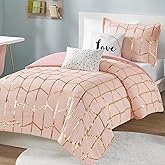 Intelligent Design Raina Twin/ Twin XL Comforter Set, Chic Geometric Metallic Bed Set for girls, 4 Pieces Dorm College Bedding with 1 Shams, 2 Toss Pillows, Blush/Gold