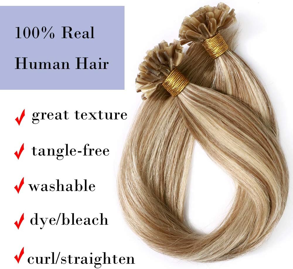 Silk-co U Tip Pre Bonded Hair Extensions Strands Keratin Nail Tip Straight Human Hair Extensions U tip Real Remy Hair 50 Strands Keratin Nail Til 24"-50g #12P613 Golden Brown&Bleach Blonde - Image 4
