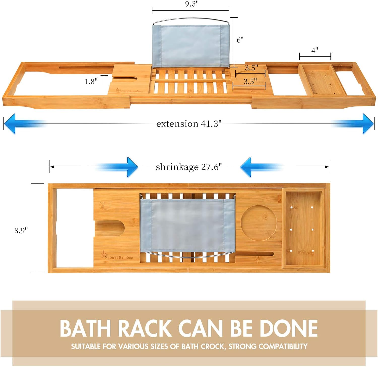Bamboo Bath Tray Bathtub Caddy | Natural Bamboo Extendable Bath Bridge Tray Shelf for Luxury Bath with Book Holder for Smartphone Mug Wine Glass Pad Soap | Fits Most Bath Sizes (70-105) x22.5x4.5cm: Kitchen & Dining