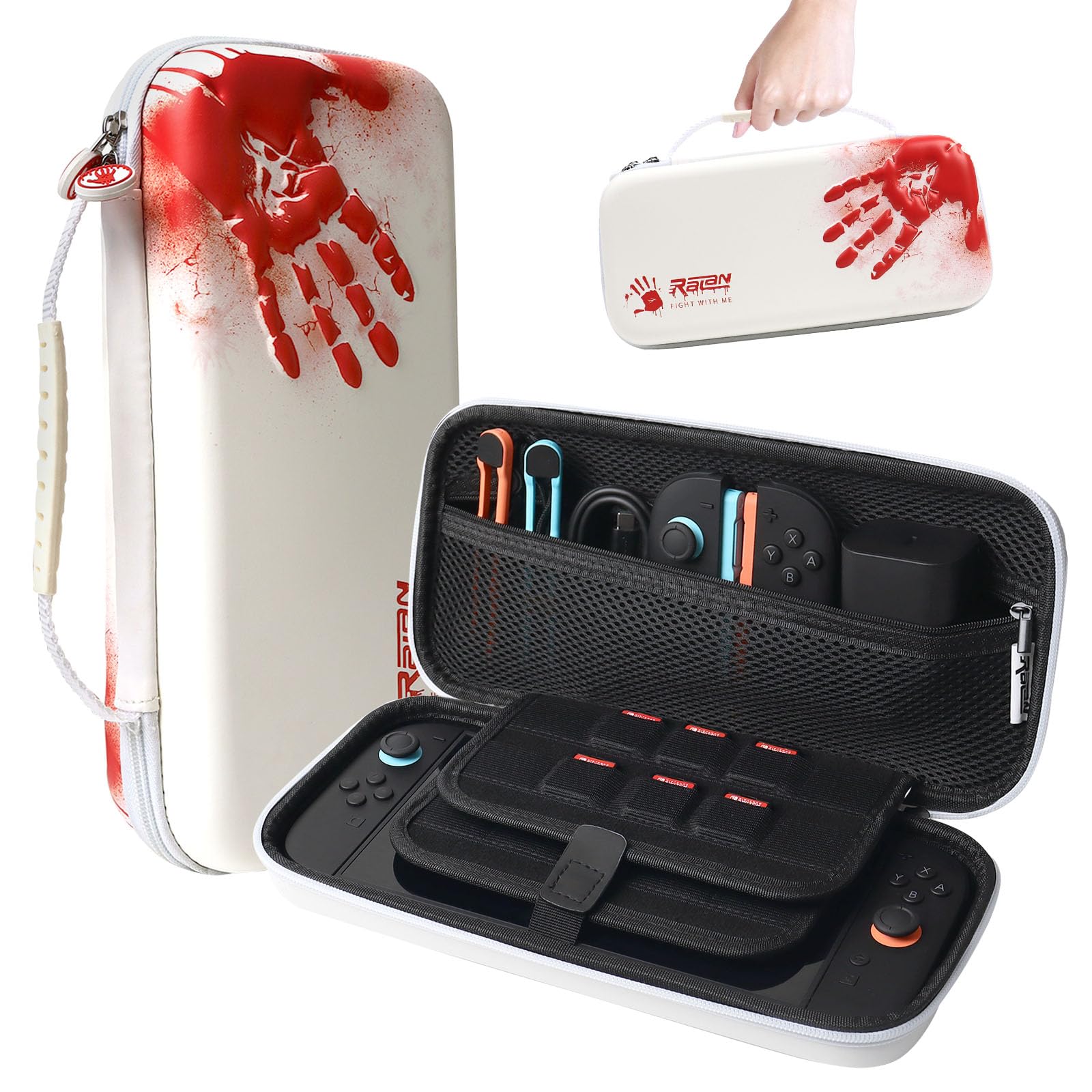 RALAN White Red Bloody Handprint Carrying Case with 20 Game Card Slots for Nintendo Switch 2 (2025) 7.9 Inch - Protective Hard Shell, Portable, Durable, and Spacious Travel Case with Large Capacity