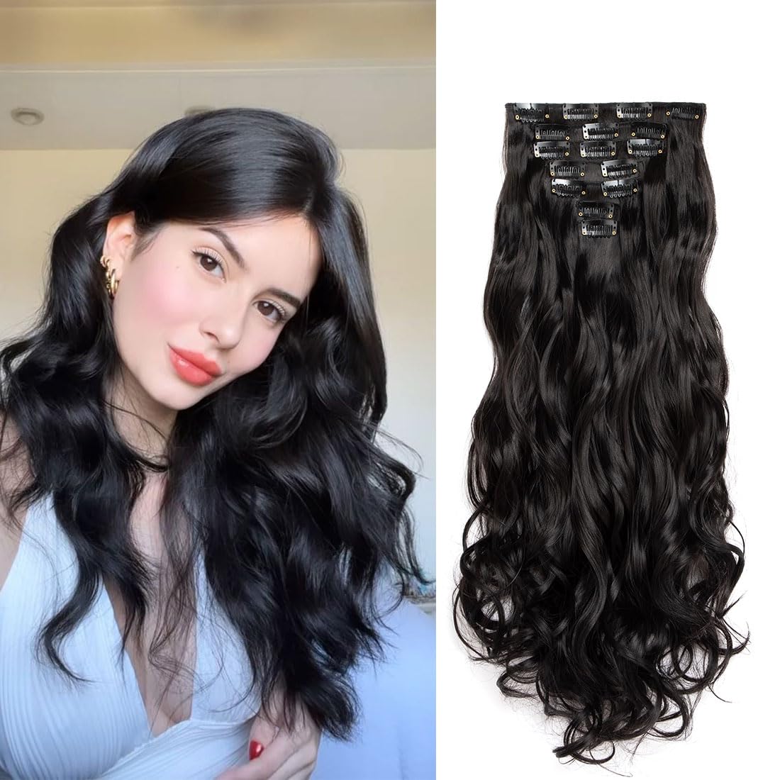 Swy Hair Clip in Hair Extensions Body Wave 22 inches 7Pcs 150g Straight Hair Synthetic Hair Extensions (W-Natural Black, Wavy) โ image 1