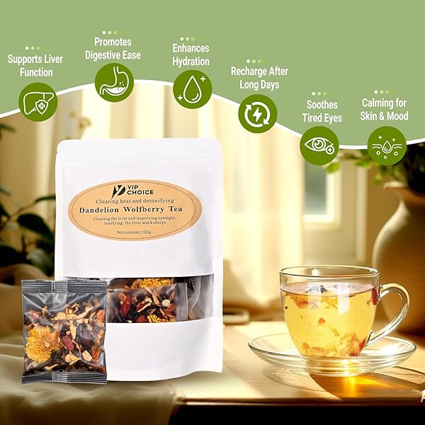 NATURAL DANDELION WOLFBERRY TEA, SUPPORTS KIDNEYS & LIVER HEALTH WITH A NATURAL BLEND OF SEVEN HERBAL INGREDIENTS 12 COUNT (120G)