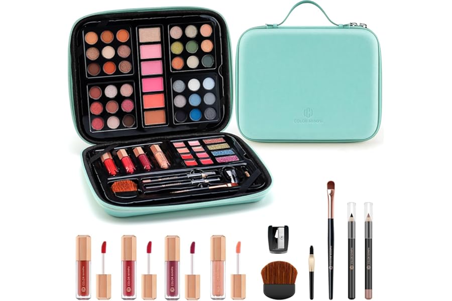 Color Nymph Beginner Makeup Kits Gift for Teens, Makeup Palettes with Reusable Handbag Includes 36 Colors Eyeshadow Blushes Bronzer Highlighter 4 Colors Lipgloss, Lip Oil Brushes Mint Green