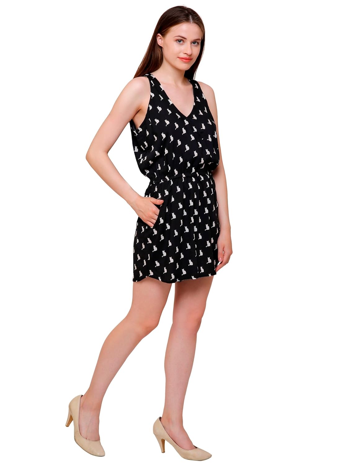 sejora cotton rayon sleeveless short jumpsuit for women - black