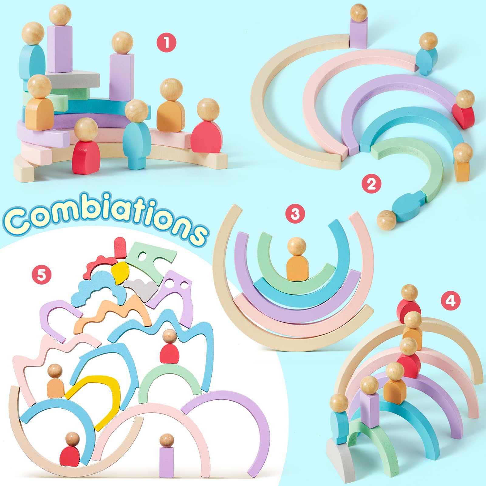 Lewo Wooden Building Blocks for Toddlers, 46 Pcs Montessori Stacking Toys with Rainbow/Little People/Tree/House/Mountain, Learning Toddler Toys Birthday Gifts for Baby Kids 3 4 5 Years Old