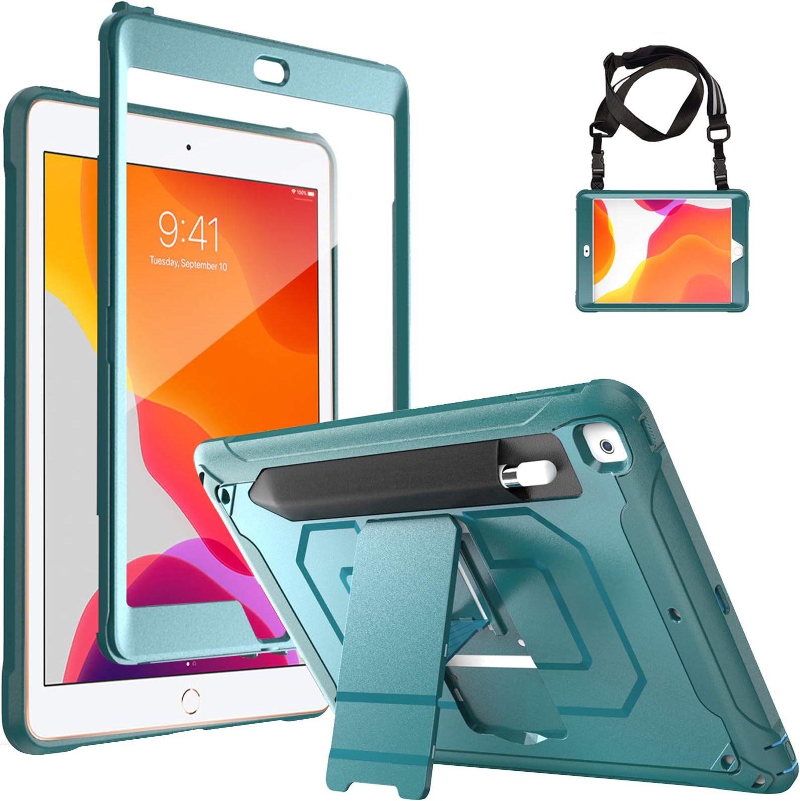 ProCase iPad 10.2 2021 9th/ 2020 8th/ 2019 7th Rugged Case with Screen Protector, Shockproof Heavy Duty Full Body Protective Cover with Pencil Holder Kickstand Shoulder Strap -Teal