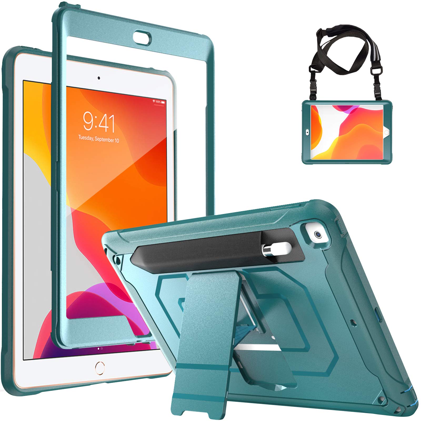 ProCase iPad 10.2 2021 9th/ 2020 8th/ 2019 7th Rugged Case with Screen Protector, Shockproof Heavy Duty Full Body Protective Cover with Pencil Holder Kickstand Shoulder Strap -Teal