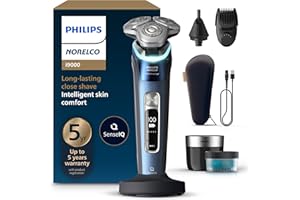 Philips Norelco Shaver i9000 Prestige, Wet & Dry Electric Shaver, Mystic Aqua, SenseIQ Technology, Triple Lift & Cut System, 360 Rotating Dual SteelPrecision Blades, Nose Trimmer, XP9201/88