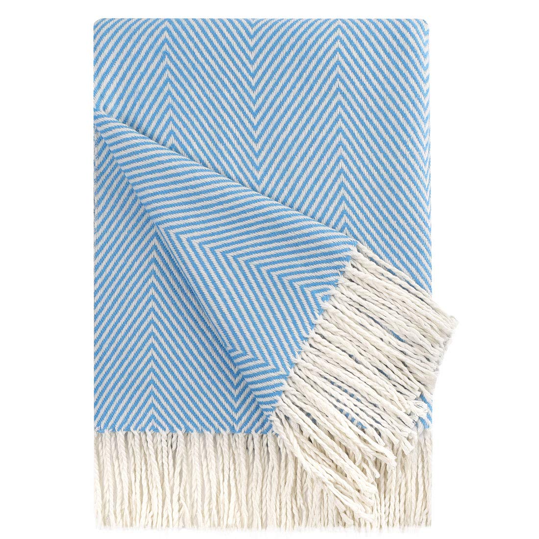 PiccoCasa Decorative Throw Blanket with Fringes in Herringbone Design, Farmhouse Outdoor Faux Cashmere Throws for Sofa, Chair, Bed Knitted Decorative Blanket 130x170cm/ 51"x61" Blue