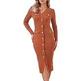 Allegra K Bodycon Sweater Dress for Women's 2025 V Neck Long Sleeve Button Decor Knit Midi Dress