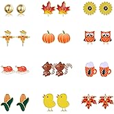 12 Pairs Hypoallergenic Fall Thanksgiving Earrings Set for Women Girls Pumpkin Maple Leaf Turkey Corn Squirrel Sunflower Stud Earrings for Teen Girls Fall Jewelry Autumn Earrings Thanksgiving Gifts