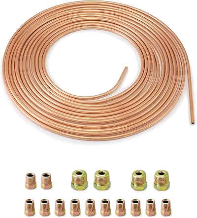 QWORK Copper Plated Brake Pipe 3/16 in x 25 ft with 16 Nuts OD 4.76mm ID 3.3mm