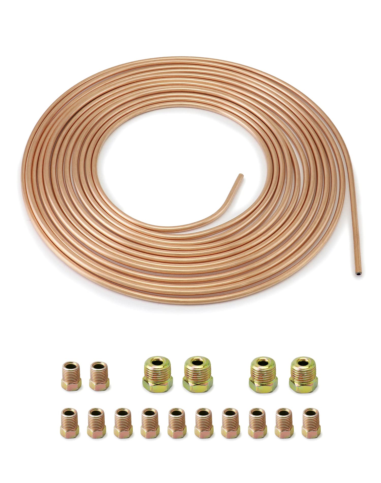 QWORK® 3/16" x 25ft/7.6m Copper Plated Brake Pipe, OD 4.76mm, ID 3.3mm with 16 Nuts