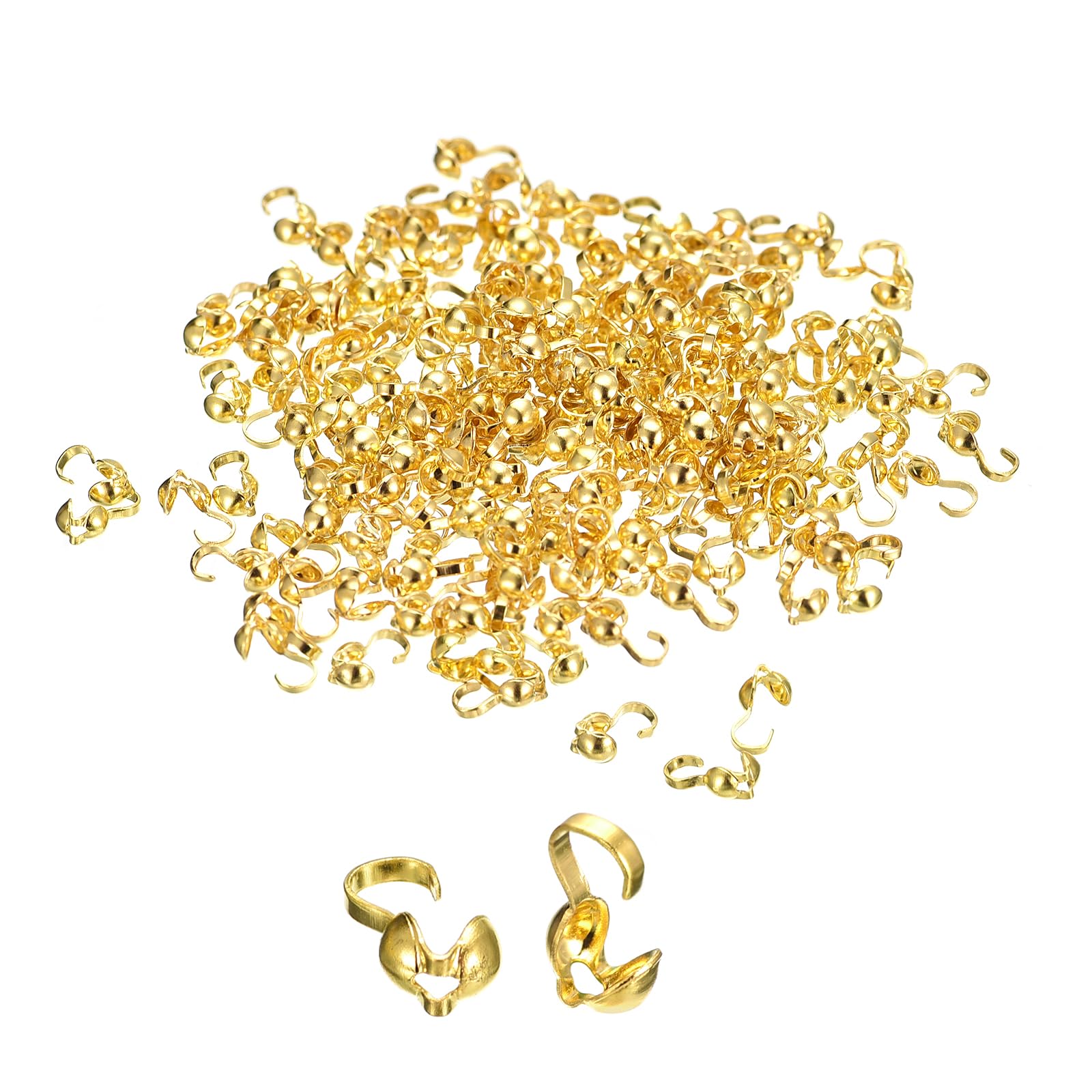 uxcell 200Pcs Open Bead Tips Knot Covers, Metal Clamshell Crimp Fold-Over Calotte Ends Caps for Jewelry Making DIY Crafts (4mm/0.16 Inch Cup, Gold)