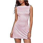 WDIRARA Women's Satin Polka Dots Boat Neck Mini Dress Sleeveless Tie Backless Tank Dresses
