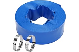 DERPIPE Lay-Flat Pool Backwash Hose - 2" x 50Ft Reinforced Heavy Duty PVC Discharge Hose Weather-Proof Vinyl Pool Drain Hose for Water Transfer with 2 clamps
