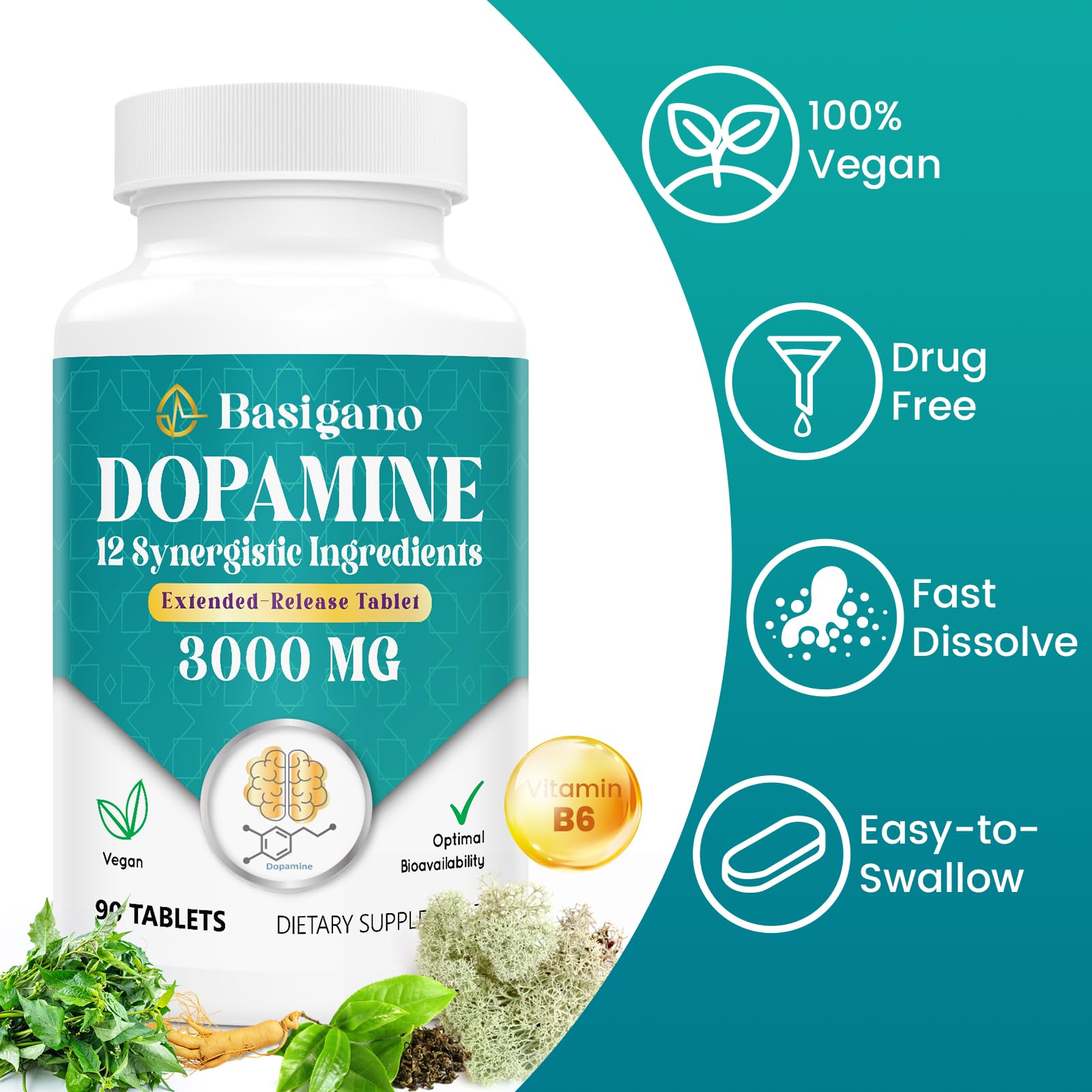 Natural Dopamine Supplement for Energy, Focus, Motivation, Mental Alertness, Mood, and Stress - Non-GMO, Gluten-Free - 90 Tablets