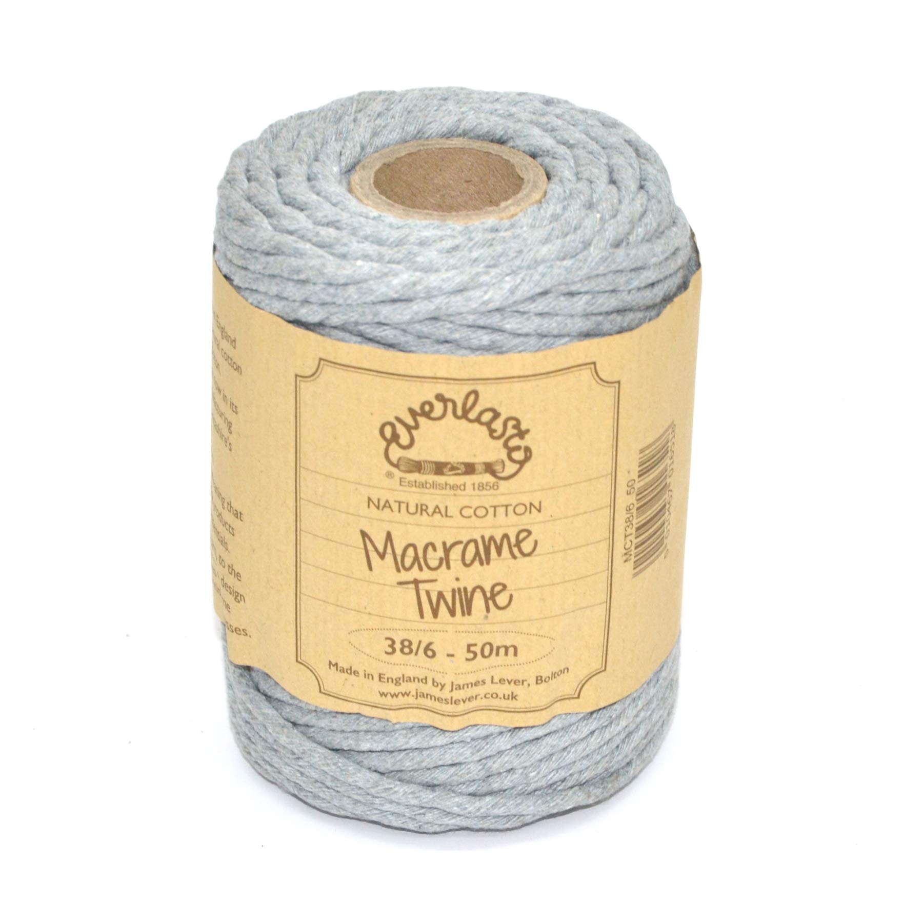 50M Spools - Everlasto Single Twist Soft Cotton Coloured Macrame Craft Twine 38/6 (4mm approx) (Silver)