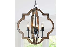 Rviezza 19.49'' Farmhouse Wood Chandelier, 4-Light Rustic Dining Room Light Fixture, Orb Chandelier Light Adjustable Height, Pendant Lighting for Kitchen Island Foyer Living Room Over Dining Table