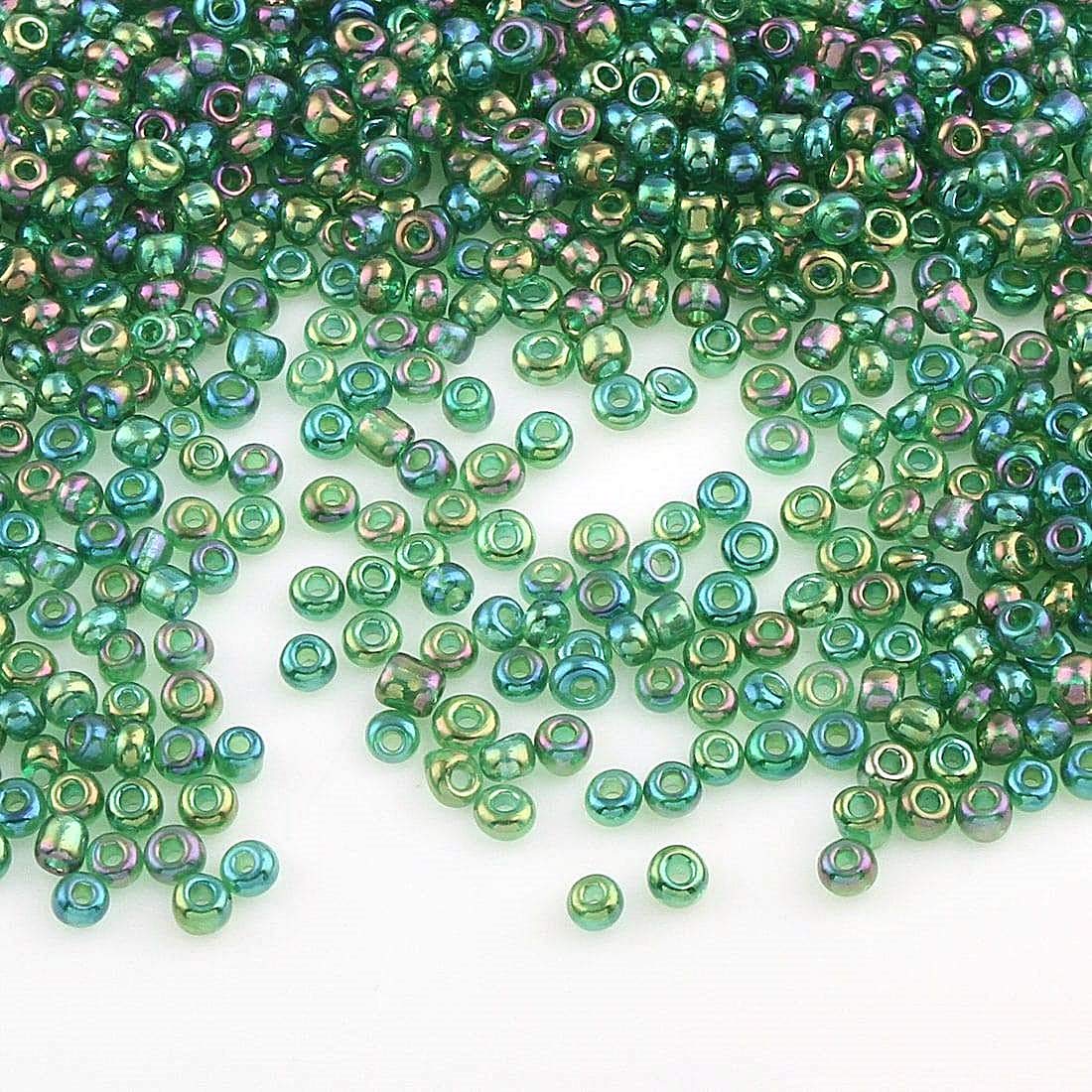 6500pcs Glass Seed Beads 2mm Clear Rainbow Color Set 11/0 Pony Beads Mini Clear Beads for Kids (Green AB)