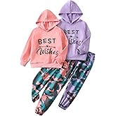 Jolyshlid Activewear Set for Girls 4 Piece printed Athletic Pullover Hooded Sweatshirt and Joggers Sweatpants （3-14Y）