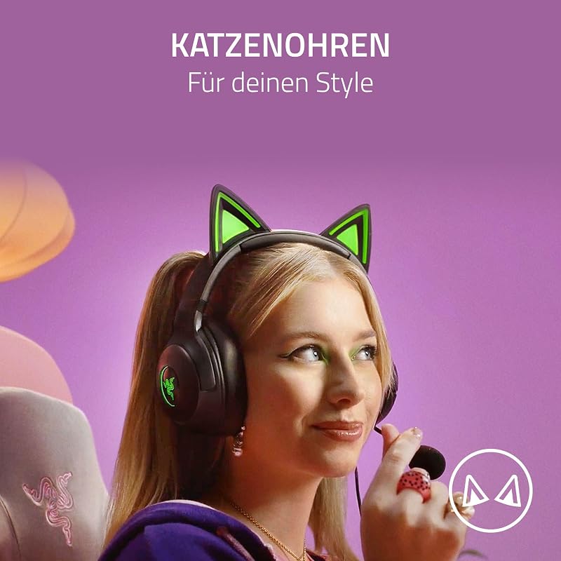 Kraken Kitty V2 - Kabelgebundenes RGB-Headset mit Katzenohren (Reaktive Streaming-Beleuchtung, HyperClear Mikro, Triforce 40mm Treiber, 7.1 Surround Sound) Schwarz