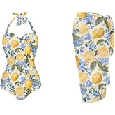 Zarisguat Women's One Piece Swimsuit with Matching Cover Ups Wrap Skirt Sarong Two Piece Bathing Suit Beachwear S-XXL