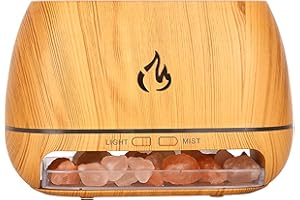 Himalayan Salt Lamp Essential Oil Diffuser 3 in 1-200ML Wood Grain Aroma Diffuser with Simulation Flame, Colorful Lights, and