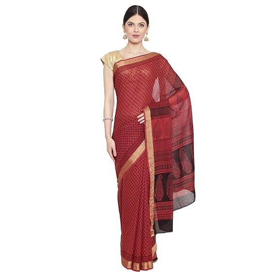Womens Maheshwari Cotton Bagh Block Print Handcrafted Saree (ZIBASA0096, Maroon and Black)